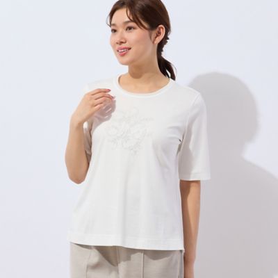 ＜LOBJIE (Women)＞【洗える・日本製】花文字刺繍Ｔシャツ（１２１２４５２２）