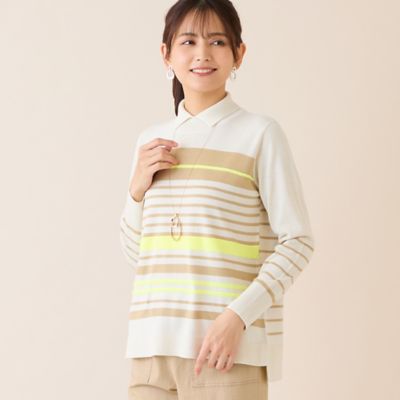 ＜LOBJIE (Women)＞【洗える】襟つきカラーボーダーセーター（１２１３２６０１）