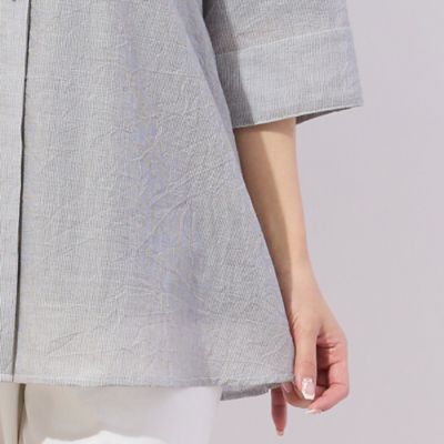 【洗える】サークル刺繍　ワッシャーストライプシャツ（２１０３３５０８）