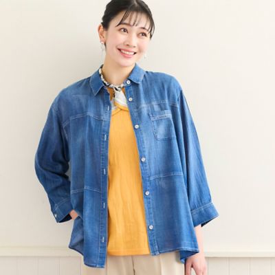 ＜MISSEL＞【定番人気・洗える・Ｌ～４Ｌサイズ】デニムガーゼＡラインシャツ（２１０３３６０１）
