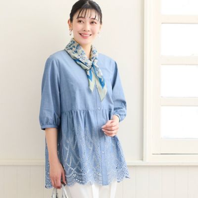 ＜MISSEL＞【洗える・Ｌ～３Ｌサイズ】デニムローン刺繍ブラウス（２１０３３６０２）