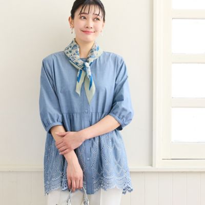 洗える・L～3Lサイズ】デニムローン刺繍ブラウス（21033602