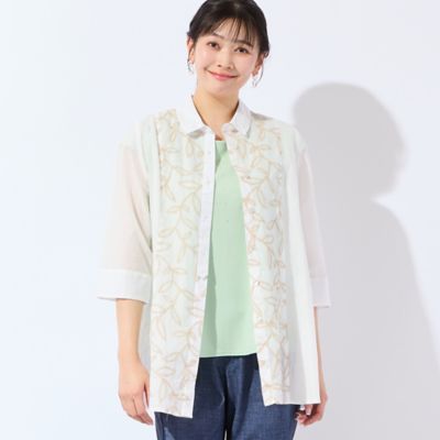 洗える・L～4Lサイズ】リーフ刺繍 ワッシャーストライプシャツ