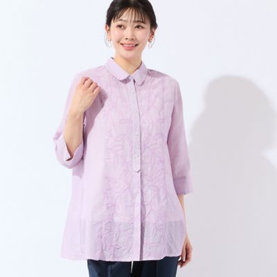 ENFÖLD ラベンダー シャツ 38サイズ 洗える・L～4Lサイズ】リーフ刺繍 ワッシャーストライプシャツ