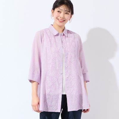 パリからお取寄せ 新品未使用 フローラル刺繍とシェル装飾ふんわりコットンシャツ 洗える・L～4Lサイズ】リーフ刺繍 ワッシャーストライプシャツ