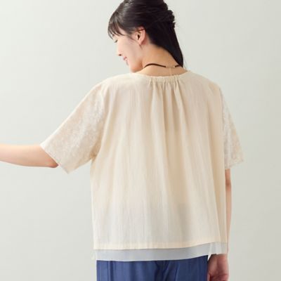 洗える・日本製・L～3Lサイズ】綿麻刺繍入りブラウス 