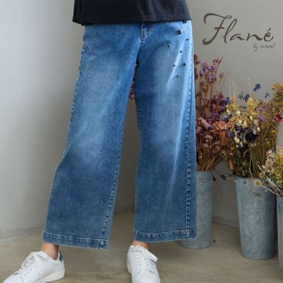 洗える・M～3Lサイズ】ビジューモチーフ付きデニムパンツ