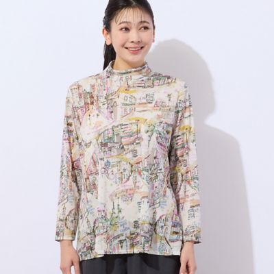 洗える・日本製】街並み柄 メッシュカットソー