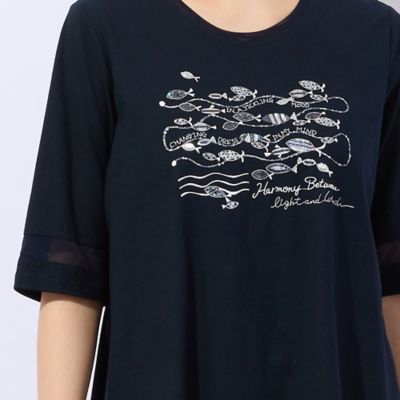 【洗える・日本製・綿１００％】ｆｉｓｈ刺繍　フレアカットソー（２１１２３５２５）