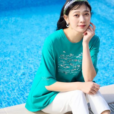【洗える・日本製・綿１００％】ｆｉｓｈ刺繍　フレアカットソー（２１１２３５２５）