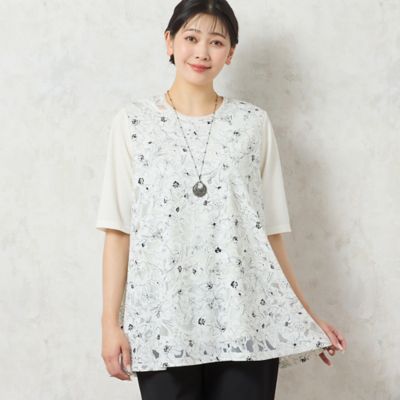 【洗える・日本製】モノトーンフラワーチュニック（２１１２４５０１）
