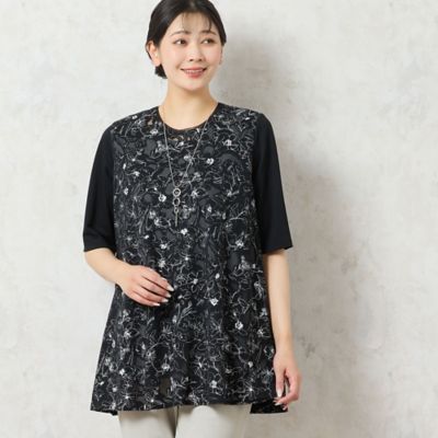 【洗える・日本製】モノトーンフラワーチュニック（２１１２４５０１）