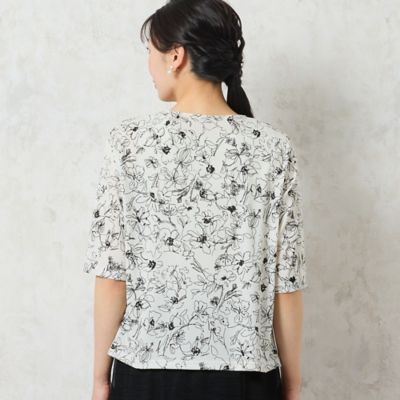【洗える・日本製】モノトーンフラワーチュールＴシャツ（２１１２４５０４）
