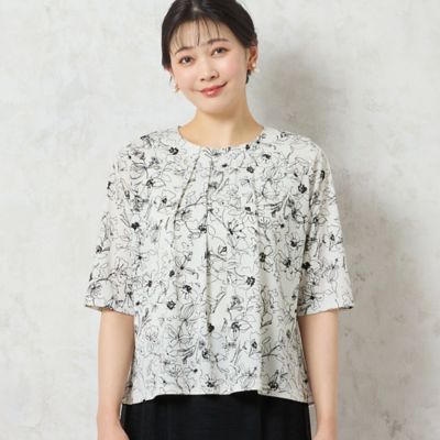 【洗える・日本製】モノトーンフラワーチュールＴシャツ（２１１２４５０４）