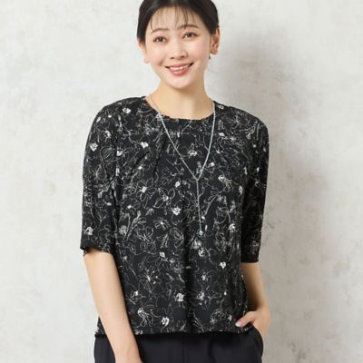 【洗える・日本製】モノトーンフラワーチュールＴシャツ（２１１２４５０４）
