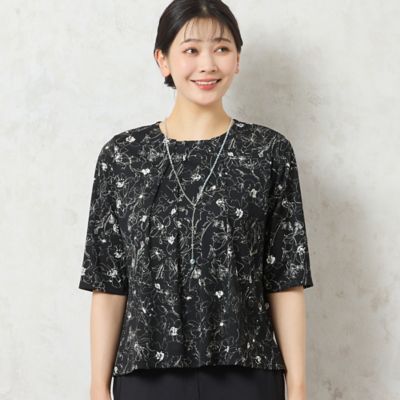 【洗える・日本製】モノトーンフラワーチュールＴシャツ（２１１２４５０４）