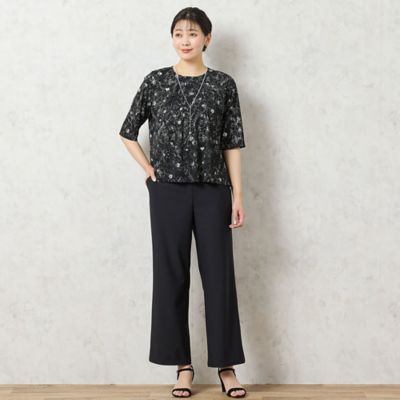 【洗える・日本製】モノトーンフラワーチュールＴシャツ（２１１２４５０４）
