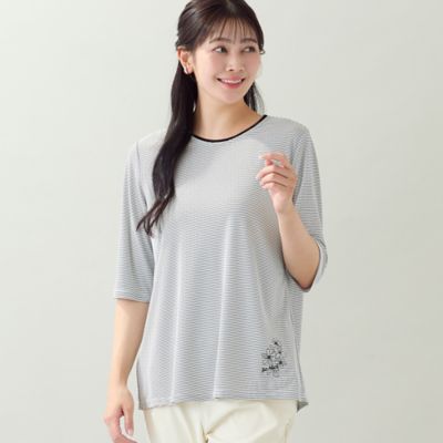洗える・日本製・L～4Lサイズ】お花刺繍入りボーダーTシャツ