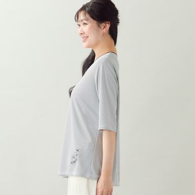 洗える・日本製・L～4Lサイズ】お花刺繍入りボーダーTシャツ