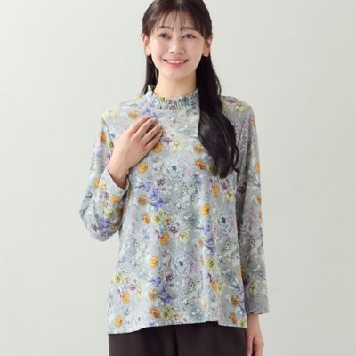 洗える・L～3Lサイズ】シャーリング襟花柄カットソー