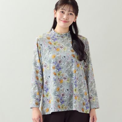 洗える・L～3Lサイズ】シャーリング襟花柄カットソー