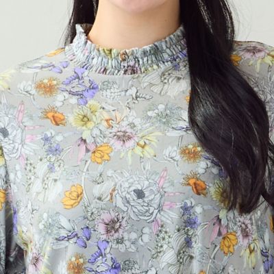 洗える・L～3Lサイズ】シャーリング襟花柄カットソー