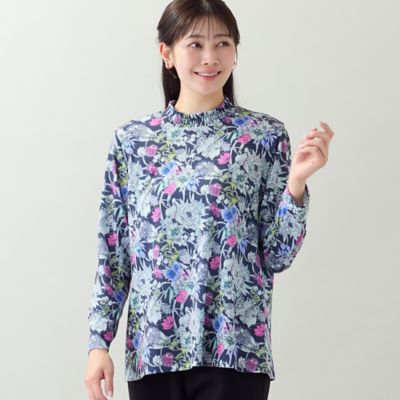 洗える・L～3Lサイズ】シャーリング襟花柄カットソー