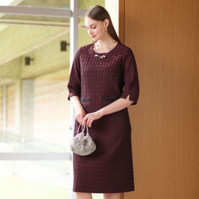 Liliane Burty (Women/大きいサイズ)/リリアン ビューティ 米沢織千鳥ふくれジャカード 七分袖ワンピース[セットアップ可](50016443)