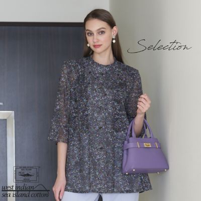 Selection】 海島綿カットジャカード スタンドカラーブラウス