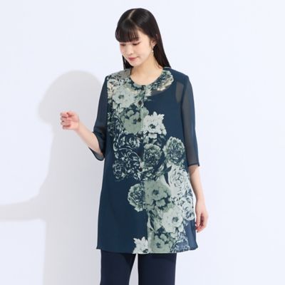 Liliane Burty（Lサイズ） / リリアンビューティ 【アンサンブル対応】ウォッシャブルプリーツ　フレンチスリーブブラウス 11～17号】フラワーパネル楊柳ブラウス（50035532