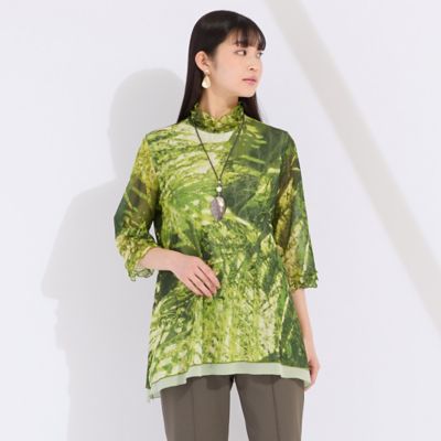 大人 可愛い 服  ウォッシャブル リングチュールリーフプリントTシャツ トップス