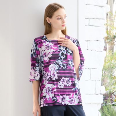 ＜Liliane Burty (Women/大きいサイズ)＞【Ｍ～４Ｌ】フラワーボーダーＴシャツ（５０１２３６０４）