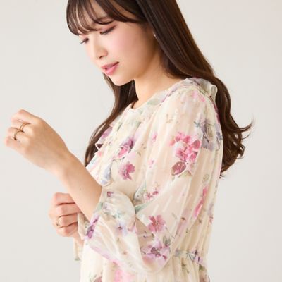 ラメストライプフラワープリントワンピース（51012602