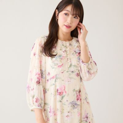 ラメストライプフラワープリントワンピース（51012602