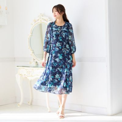 ラメストライプフラワープリントワンピース（51012602