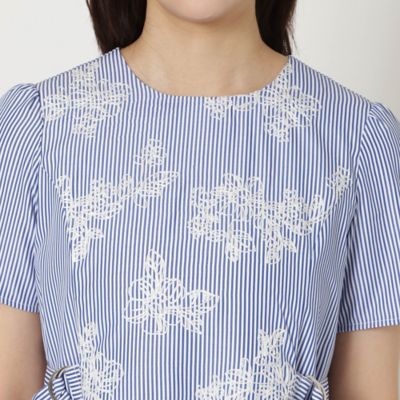 リボンベルト付きフラワー刺繍ストライプワンピース（51012612