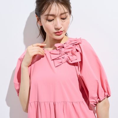 ローズティアラ　大きいサイズ　46 袖シフォン　カットソー　ピンク 新作】フラワースリーブプルオーバー | Rose Tiara【ローズティアラ】