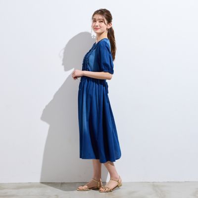 【美品♡希少42】ローズティアラ フラワー刺繍デニムフレアワンピース　ブルー ソフトデニムワンピース（83011505） | Rose Tiara (Women