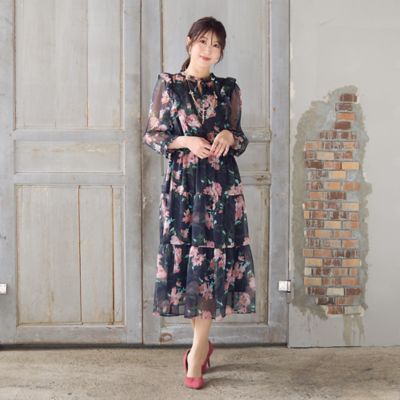 ✨️未使用✨️ Rose Tiara　ワンピースドレス　フィッシュテール　黒 手洗いOK】ボタニカル風フラワーワンピース（51015503