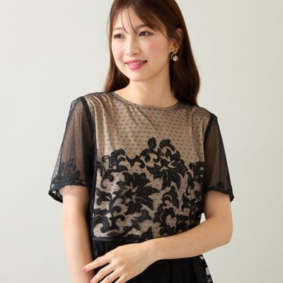 美品✨ダイアグラム ドット 花柄 刺繍 ワンピース　チュール 36 Sawa a la mode ワンピース 赤系 5・7分袖 クロップド丈 花柄