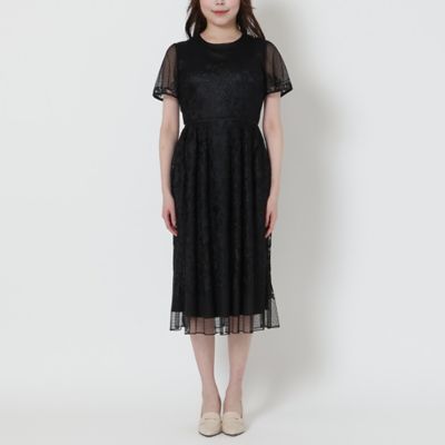 美品♡ローズティアラ 襟つきチュニックワンピース ドット 黒 46 大きいサイズ 美シルエット】ドットチュール刺繍ワンピース（51015504