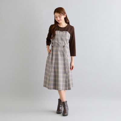 美品ローズティアラチェック切替ドッキングチュニックワンピ大きいサイズ46ベージュ 接触冷感／防シワ／伸縮性◎】ビスチェ風ドッキングワンピース