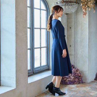 【美品】フォクシー ニットワンピースドレス フランボワーズ 長袖 プリーツ系 紺 RESEXXY ワンピース ロングフレアニットワンピース レディース