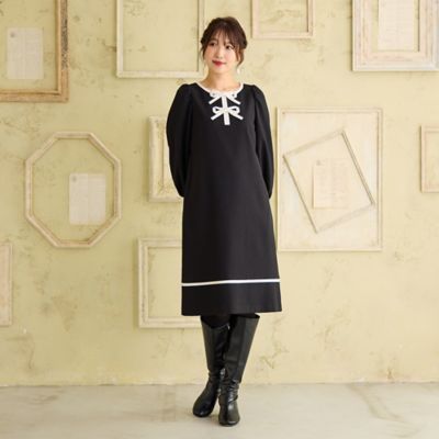 伸縮性◎／イージーケア】配色リボンワンピース