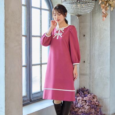 伸縮性◎／イージーケア】配色リボンワンピース