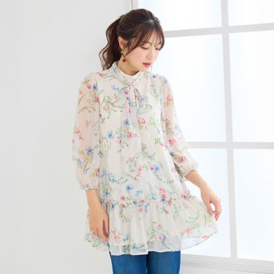 ＜Rose Tiara (Women/大きいサイズ)＞ボタニカルプリントリボンタイチュニック（５１０２２６０１）