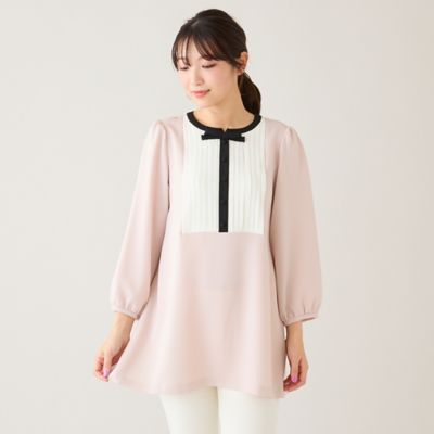 接触冷感／UVカット／防シワ】クラシカルリボンタックブラウス