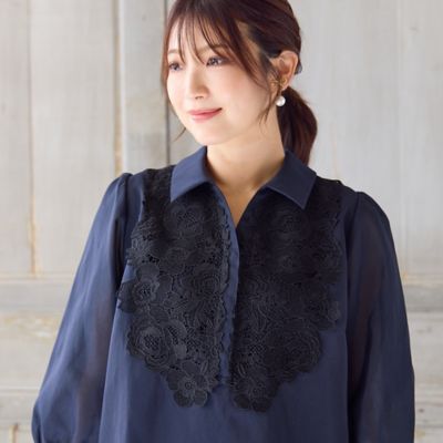 ローズティアラ　大きいサイズ　レース　ブラウス　刺繍　リボン　46 大きいサイズ】 ローズティアラ コットン レース 刺繍 ブラウス