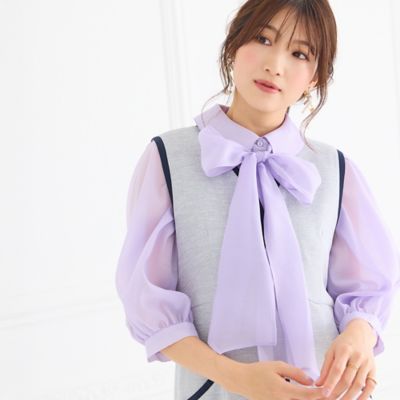 美品　STRASBURGO パープル　シルク　リボン　タイ　ボリューム　ブラウス 柳橋唯さんおすすめ 韓国タレントのユン・ボミさんが着用 22匁シルク