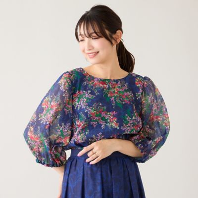 セットアップ対応】フラワーブーケ柄パフスリーブブラウス